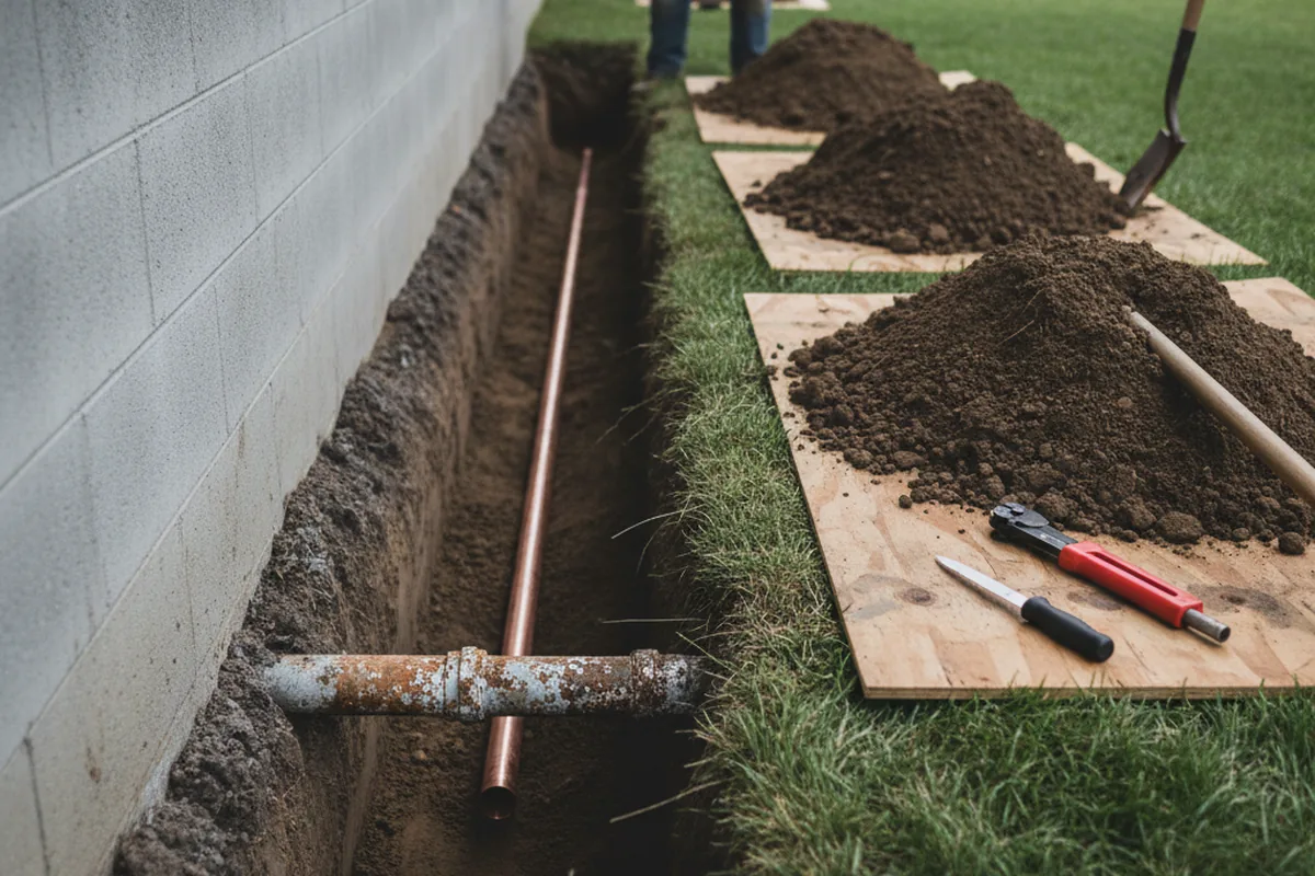 Excavated water line trench during Sewer Line Repair in Burton